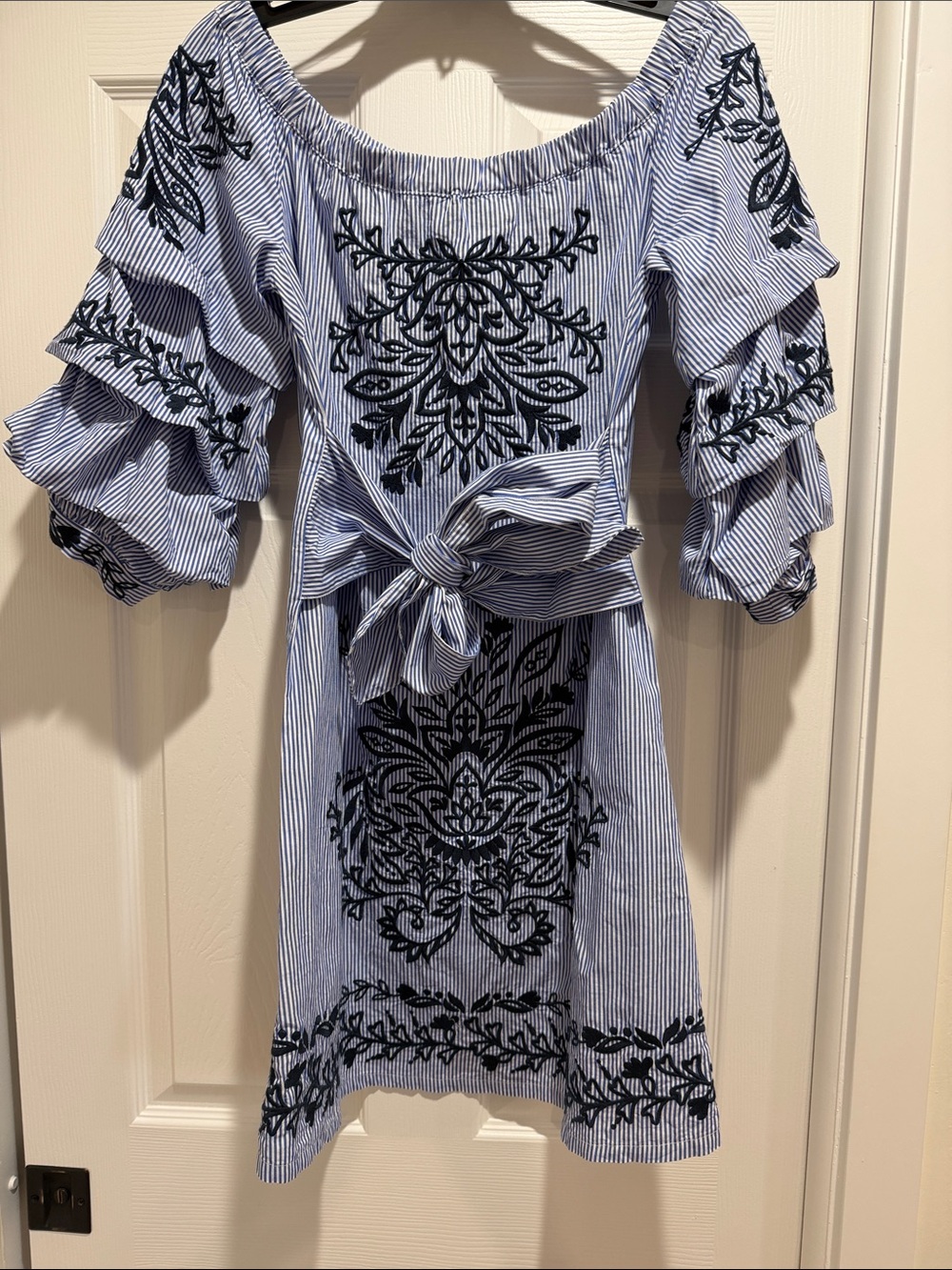 Striped Off-Shoulder Dress with Black Embroidered Motif